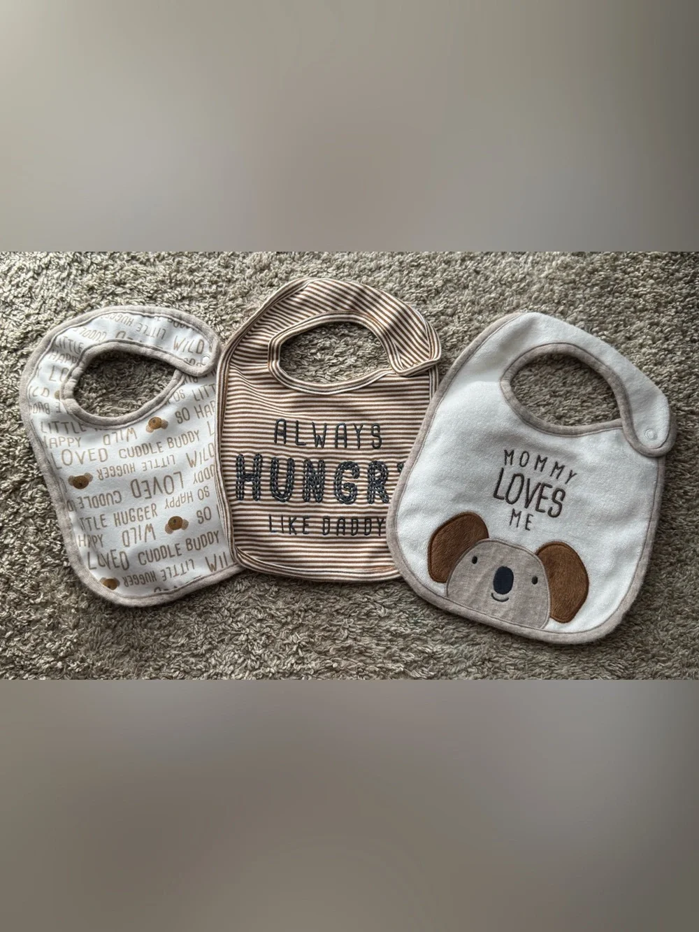 Carter’s Child of Mine Baby Bib Set Brown Neutral Puppy Daddy Mommy 3 Pack OS